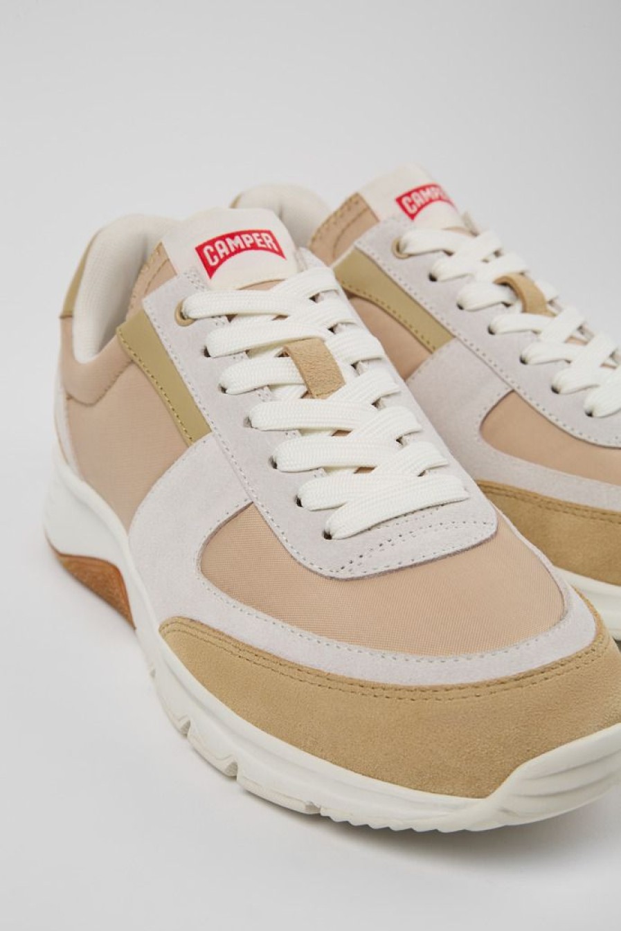 Camper Beige-Wit-Bruine Damessneakers, Nubuck En Textiel