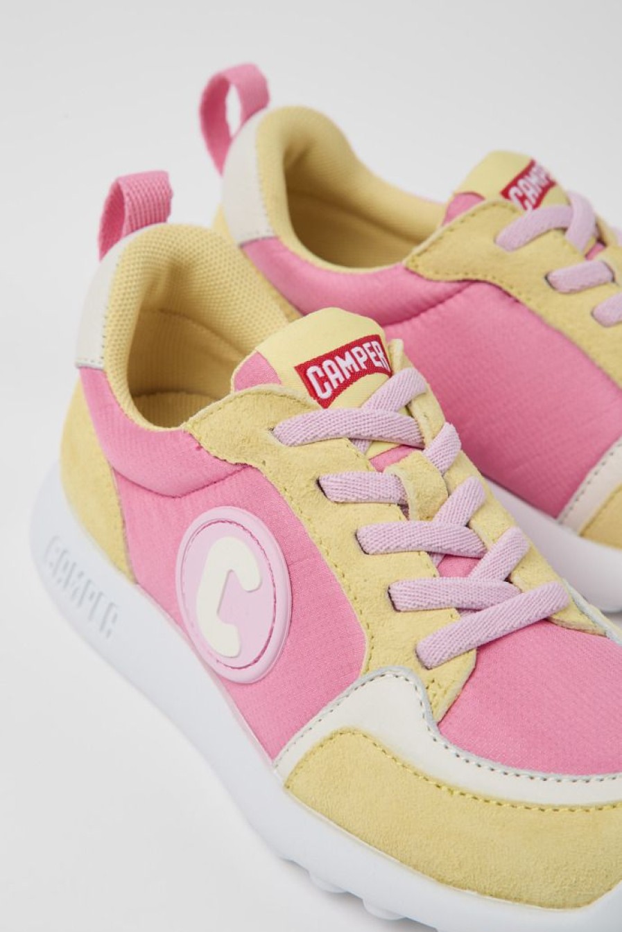 Camper Geel-Roze Stoffen En Nubuck Kindersneakers