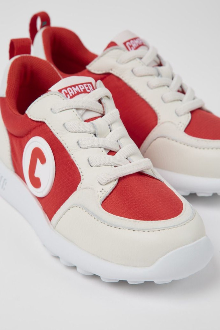 Camper Rood-Witte Leren Kindersneakers, Stof En Leer